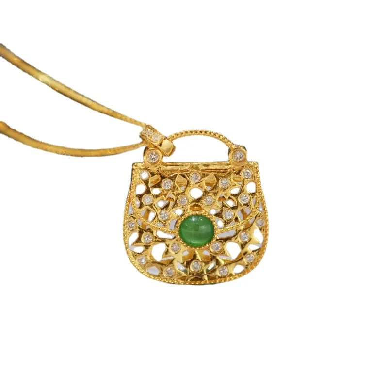 New in small and exquisite Hollow Out Crystal Bag Necklace Natural Jasper Pendant