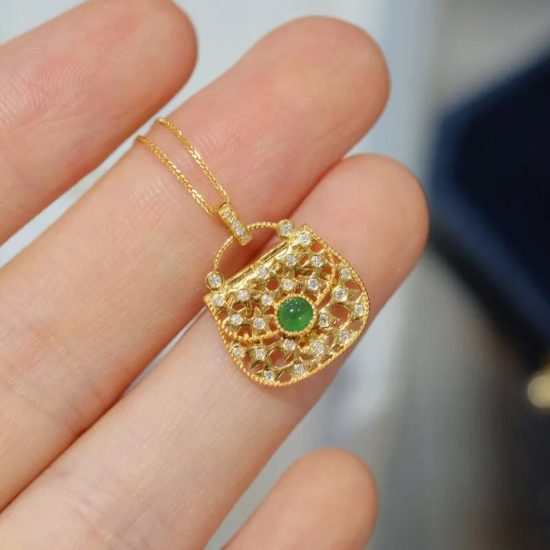 New in small and exquisite Hollow Out Crystal Bag Necklace Natural Jasper Pendant