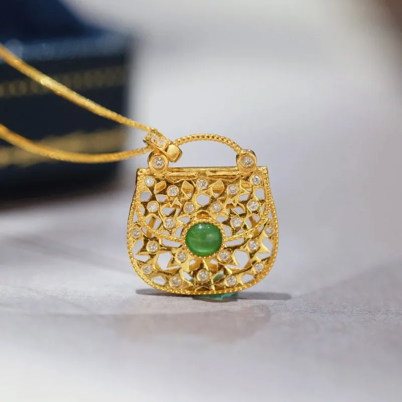 New in small and exquisite Hollow Out Crystal Bag Necklace Natural Jasper Pendant