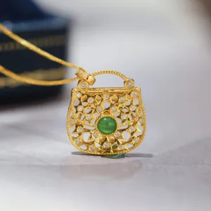 New in small and exquisite Hollow Out Crystal Bag Necklace Natural Jasper Pendant