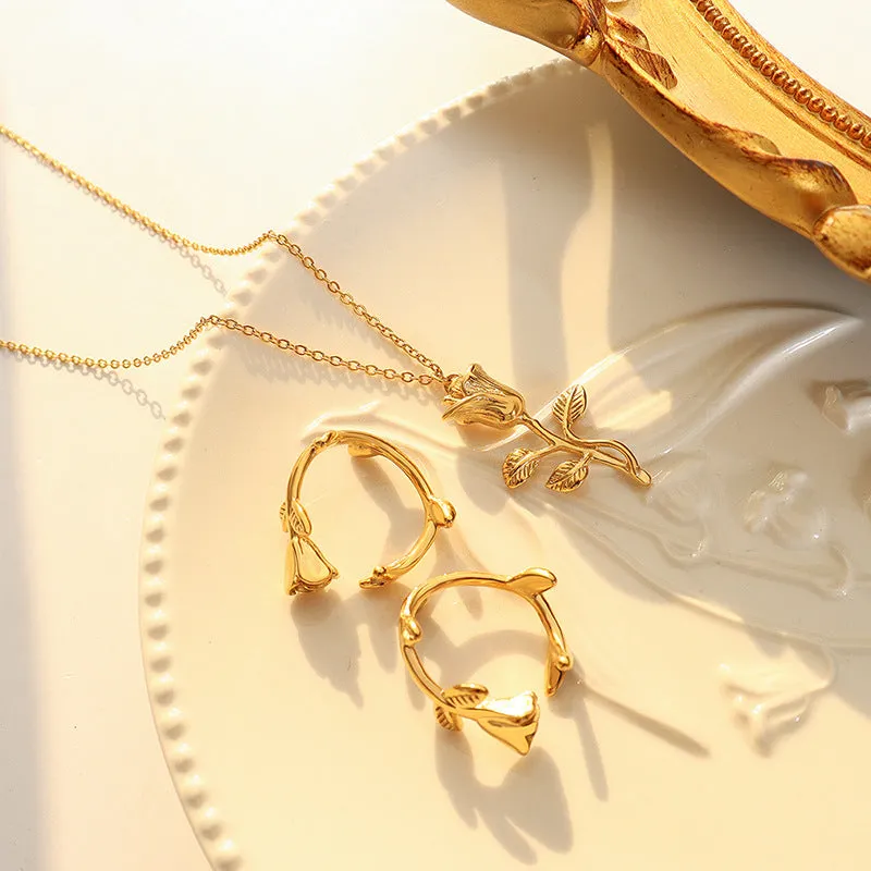 Outstanding Korean Rose Collarbone Jewelry Set with Titanium Steel Pieces for Women
