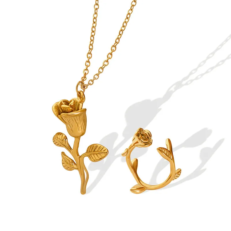Outstanding Korean Rose Collarbone Jewelry Set with Titanium Steel Pieces for Women