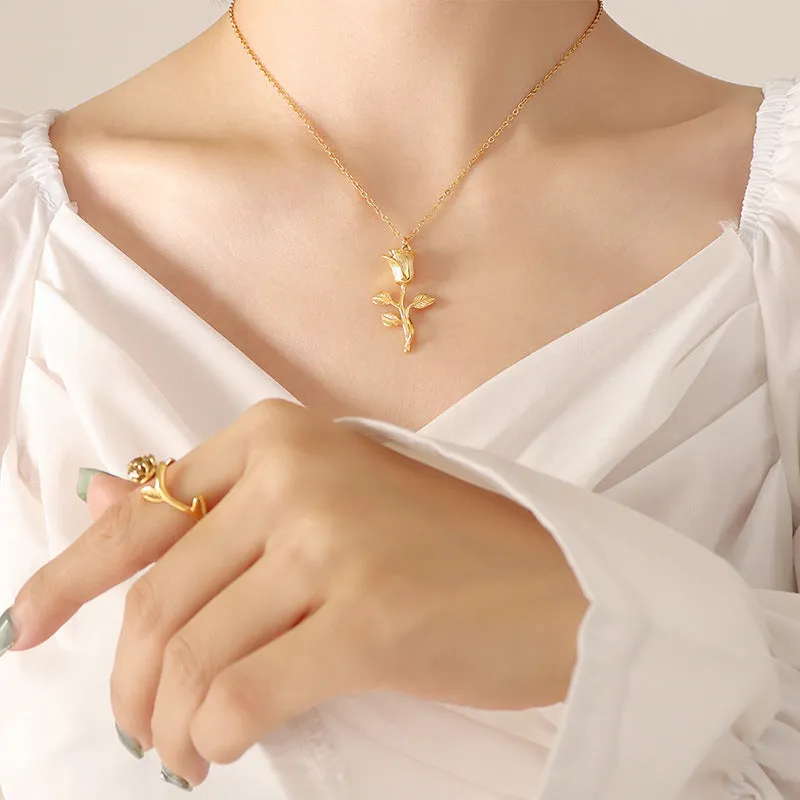 Outstanding Korean Rose Collarbone Jewelry Set with Titanium Steel Pieces for Women