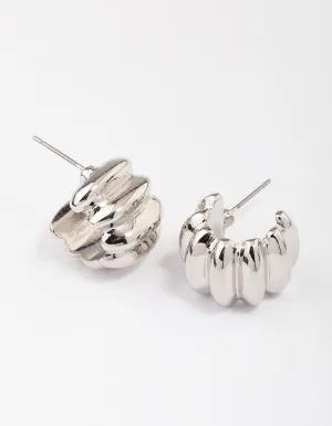Rhodium Ridged Wide Hoop Cuff Earrings