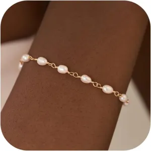 Ritach Pearl Bracelet for Women 18K Gold Plated Dainty Adjustable Cultured Pearls Bracelets Gold Beaded Bracelets for Bridesmaid Jewelry