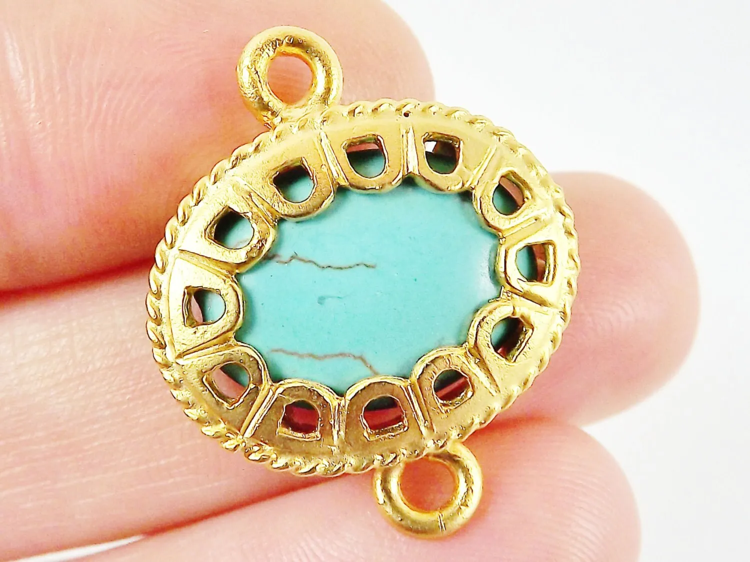 Scalloped Turquoise Stone Connector  - Gold plated Bezel - 1pc - GP118