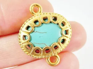 Scalloped Turquoise Stone Connector  - Gold plated Bezel - 1pc - GP118