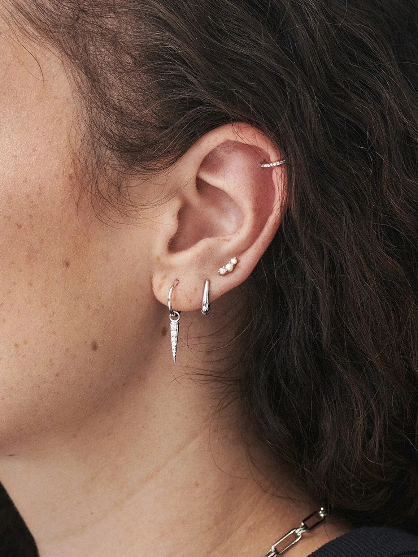 Silver Mini Pave Spike Charm Hoops