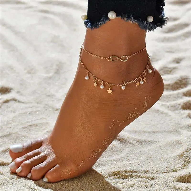 Simple Double Zircon Cross 8 Shape Word Female Anklet Barefoot Anklet Summer Vintage Foot Jewelry Accessories Enkelbandje