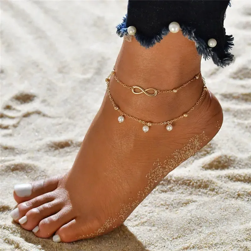 Simple Double Zircon Cross 8 Shape Word Female Anklet Barefoot Anklet Summer Vintage Foot Jewelry Accessories Enkelbandje
