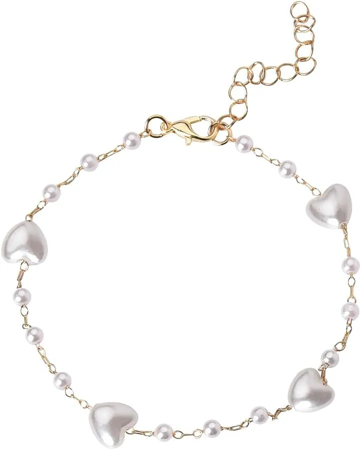 Sisadodo Pearl Beaded Ankle Bracelet for Women Girls Star Heart Beaded Pearl Bracelet Anklet for Girls Beach Pearl Anklet for Girls