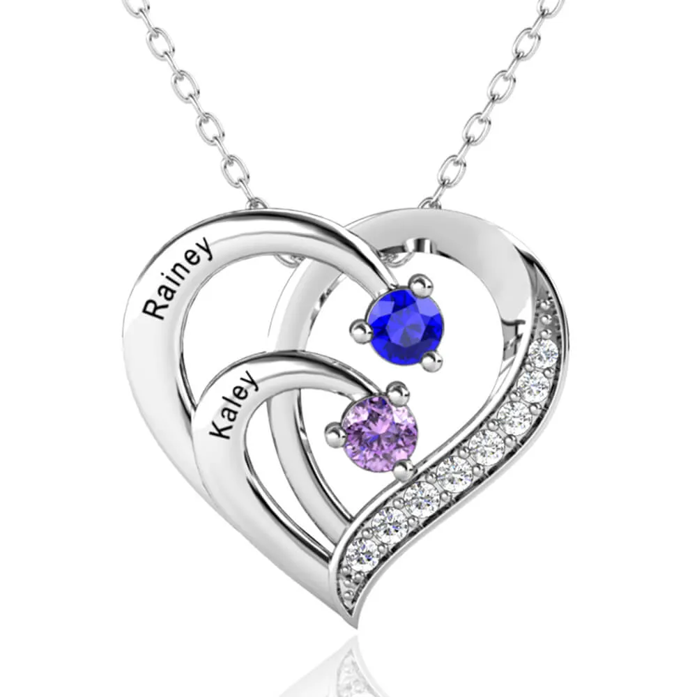 Sterling Silver Mum Necklace | Personalised Necklace - Heart Necklace with 2 Birthstones and 2 Names Sterling Silver