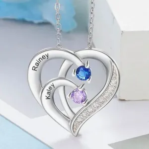 Sterling Silver Mum Necklace | Personalised Necklace - Heart Necklace with 2 Birthstones and 2 Names Sterling Silver