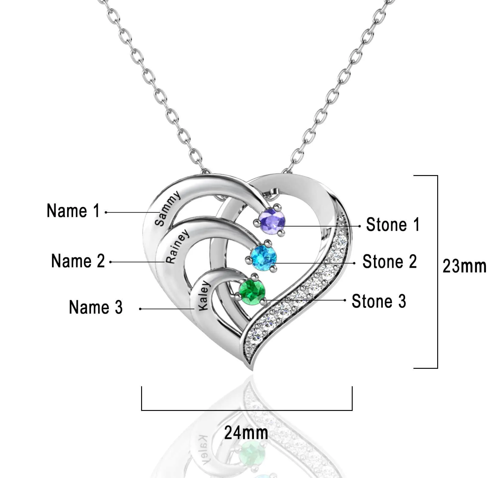 Sterling Silver Mum Necklace | Personalised Necklace - Heart Necklace with 2 Birthstones and 2 Names Sterling Silver