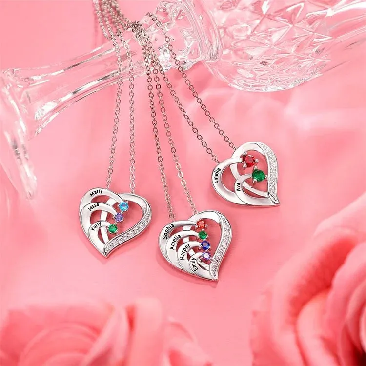 Sterling Silver Mum Necklace | Personalised Necklace - Heart Necklace with 2 Birthstones and 2 Names Sterling Silver