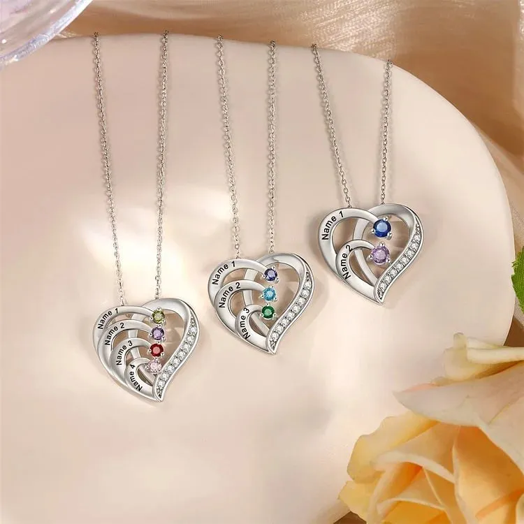 Sterling Silver Mum Necklace | Personalised Necklace - Heart Necklace with 2 Birthstones and 2 Names Sterling Silver