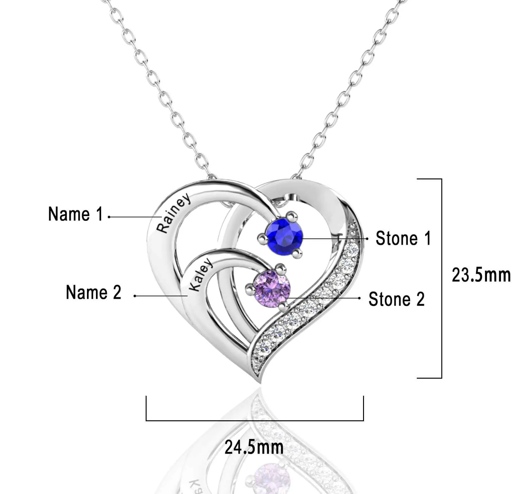 Sterling Silver Mum Necklace | Personalised Necklace - Heart Necklace with 2 Birthstones and 2 Names Sterling Silver