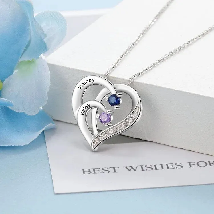 Sterling Silver Mum Necklace | Personalised Necklace - Heart Necklace with 2 Birthstones and 2 Names Sterling Silver