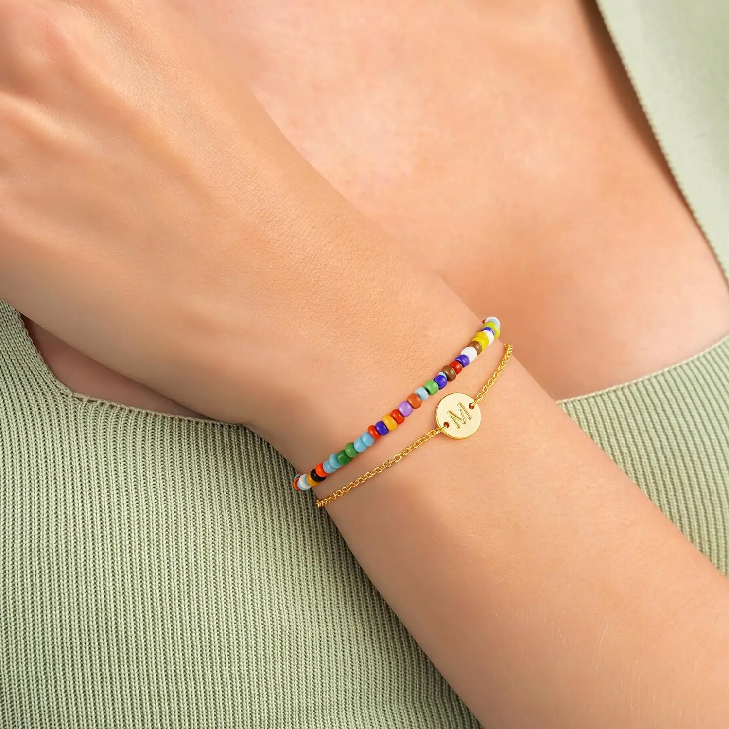 Turandoss Gifts for Her - Colorful Gold Beaded Boho Handmade Bracelets for Women, Initial Dainty Gold Bracelets for Women