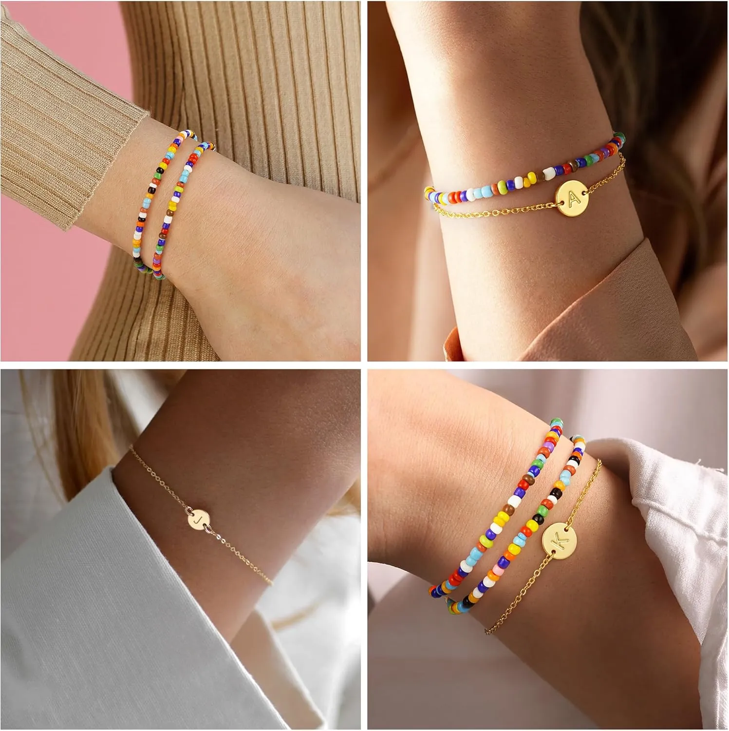 Turandoss Gifts for Her - Colorful Gold Beaded Boho Handmade Bracelets for Women, Initial Dainty Gold Bracelets for Women