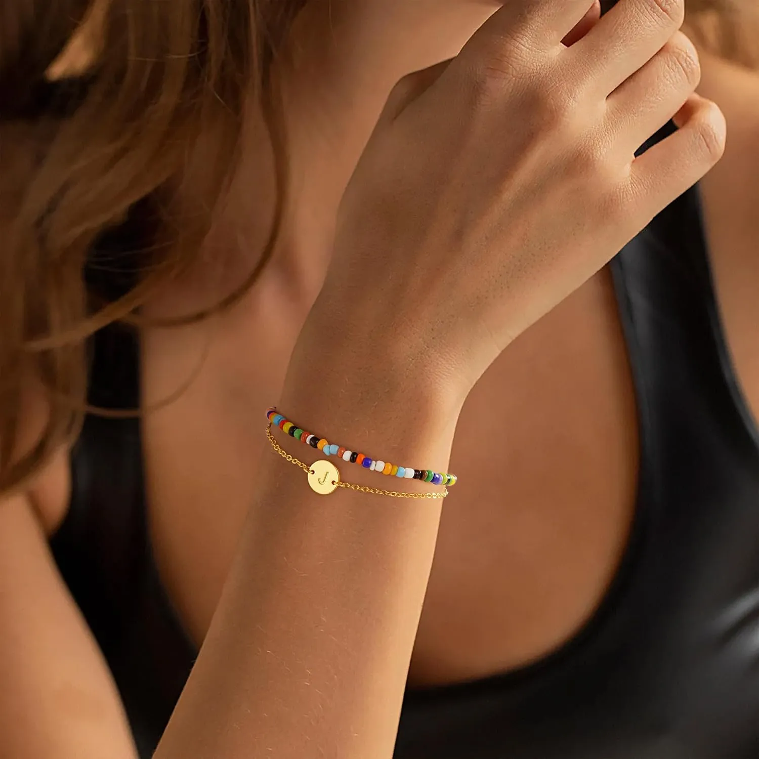 Turandoss Gifts for Her - Colorful Gold Beaded Boho Handmade Bracelets for Women, Initial Dainty Gold Bracelets for Women