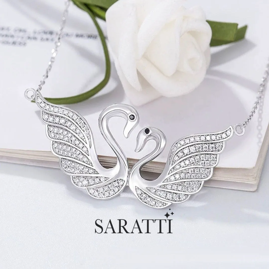 Twin Silver Swans Pendant Necklace