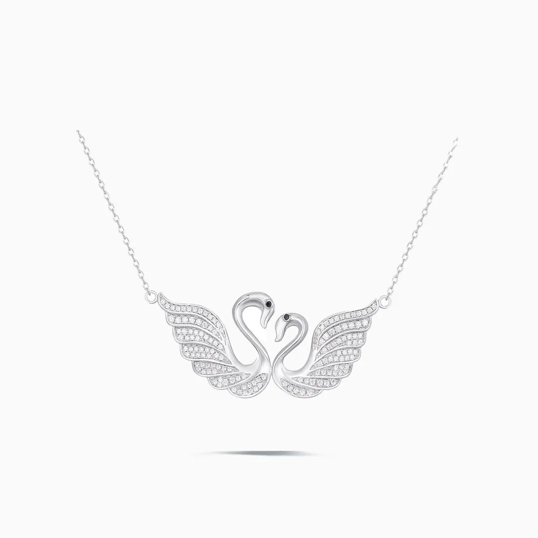 Twin Silver Swans Pendant Necklace