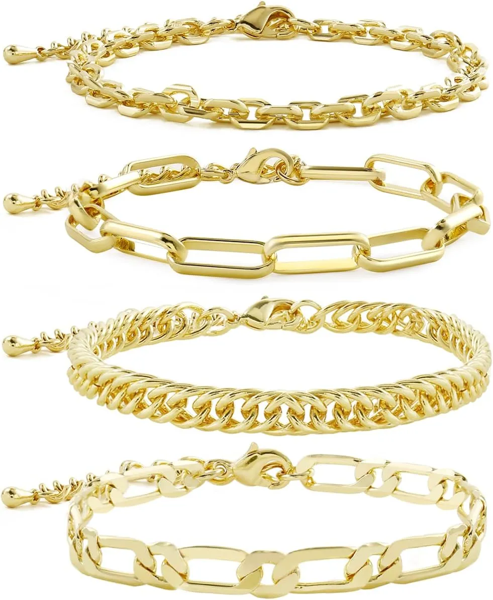 Waterproof Gold Chain Bracelet For Women Non Tarnish,14K Gold Plated Stainless Steel Link Dainty Bracelets Stake Layered Bracelet Set Hypoallergen Gold Jewelry