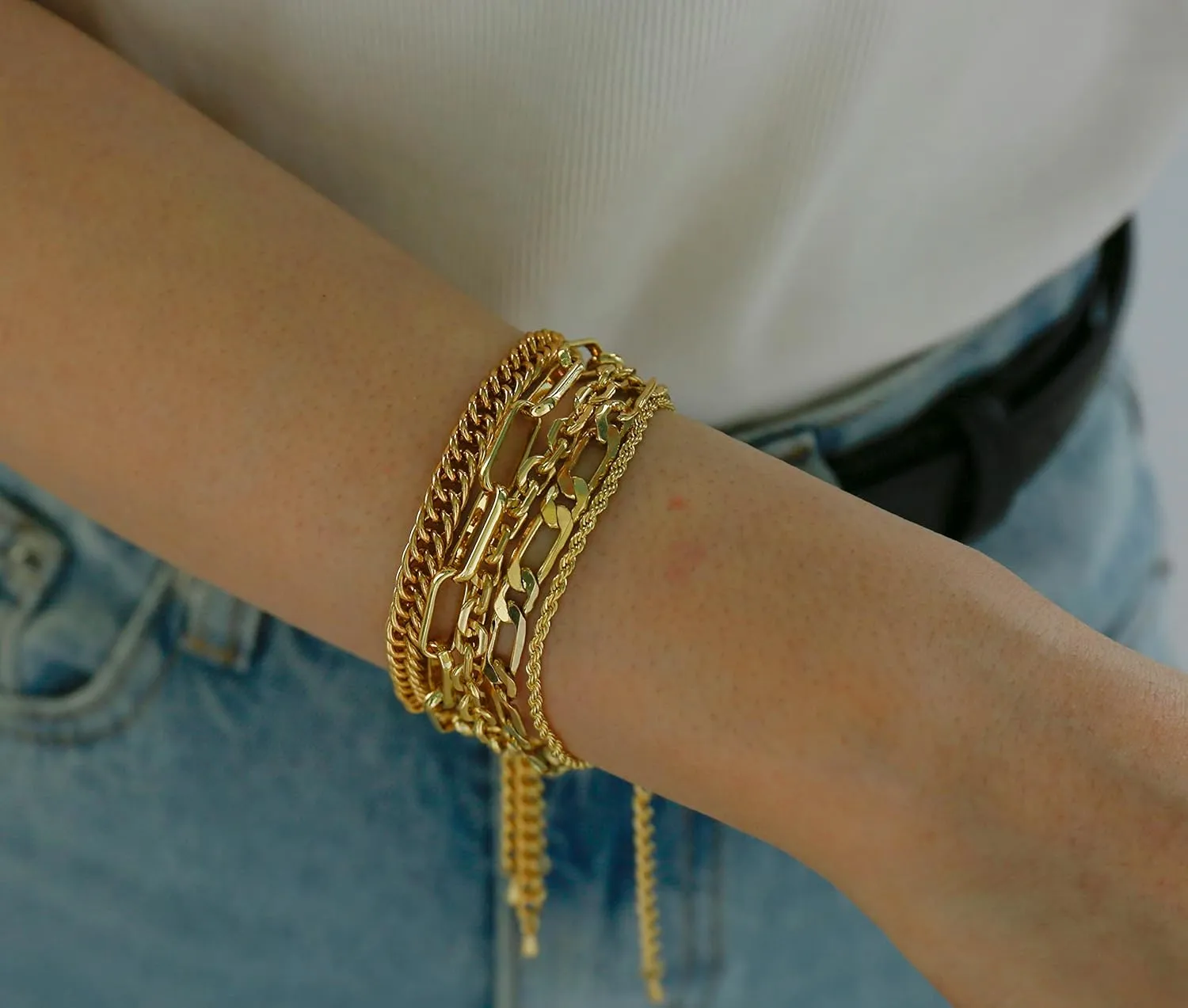 Waterproof Gold Chain Bracelet For Women Non Tarnish,14K Gold Plated Stainless Steel Link Dainty Bracelets Stake Layered Bracelet Set Hypoallergen Gold Jewelry
