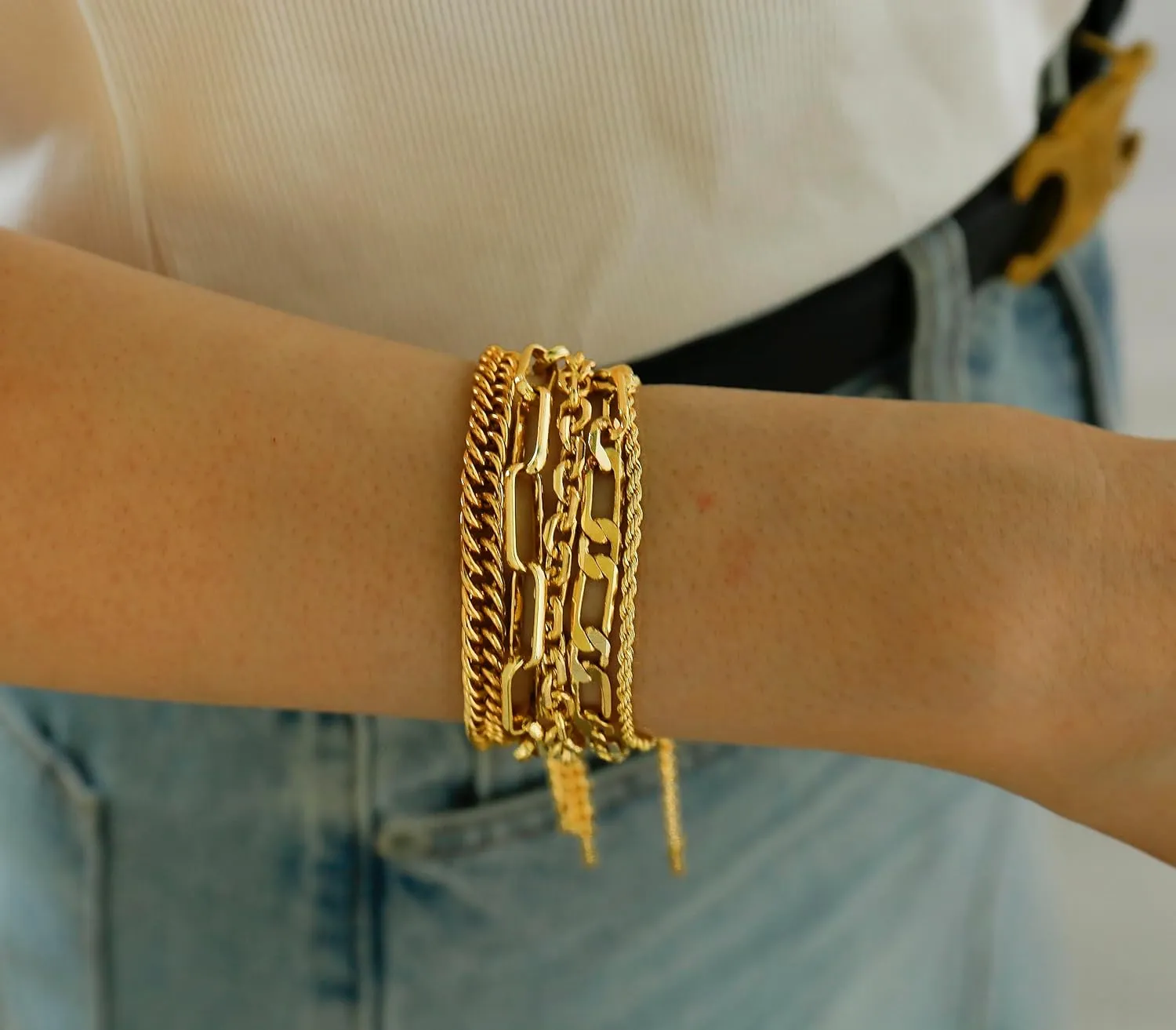 Waterproof Gold Chain Bracelet For Women Non Tarnish,14K Gold Plated Stainless Steel Link Dainty Bracelets Stake Layered Bracelet Set Hypoallergen Gold Jewelry