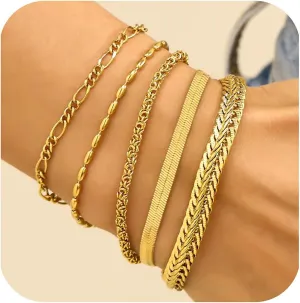 wgoud Gold Bracelets for Women Trendy, 14K Real Gold Plated Link Chain Bracelets for Women Waterproof, Adjustable Gold Stack Bracelet Set Jewelry Gifts for Women.