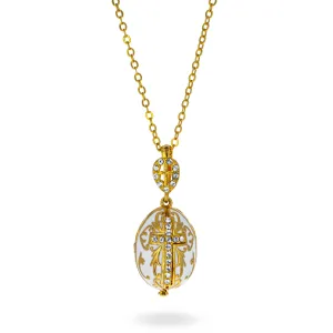 White Brass 50 Crystals Triptych Icons Royal Egg Pendant Necklace