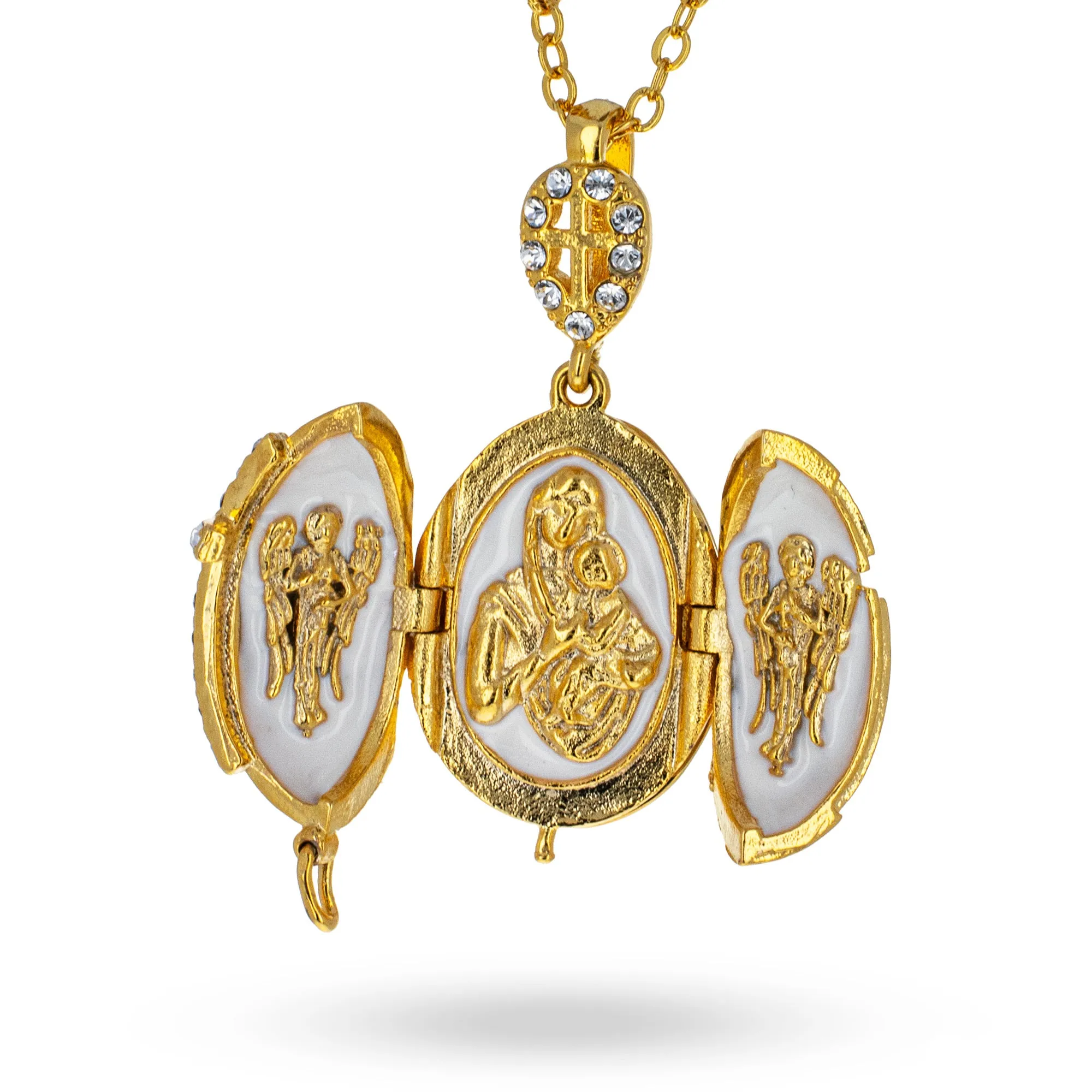White Brass 50 Crystals Triptych Icons Royal Egg Pendant Necklace