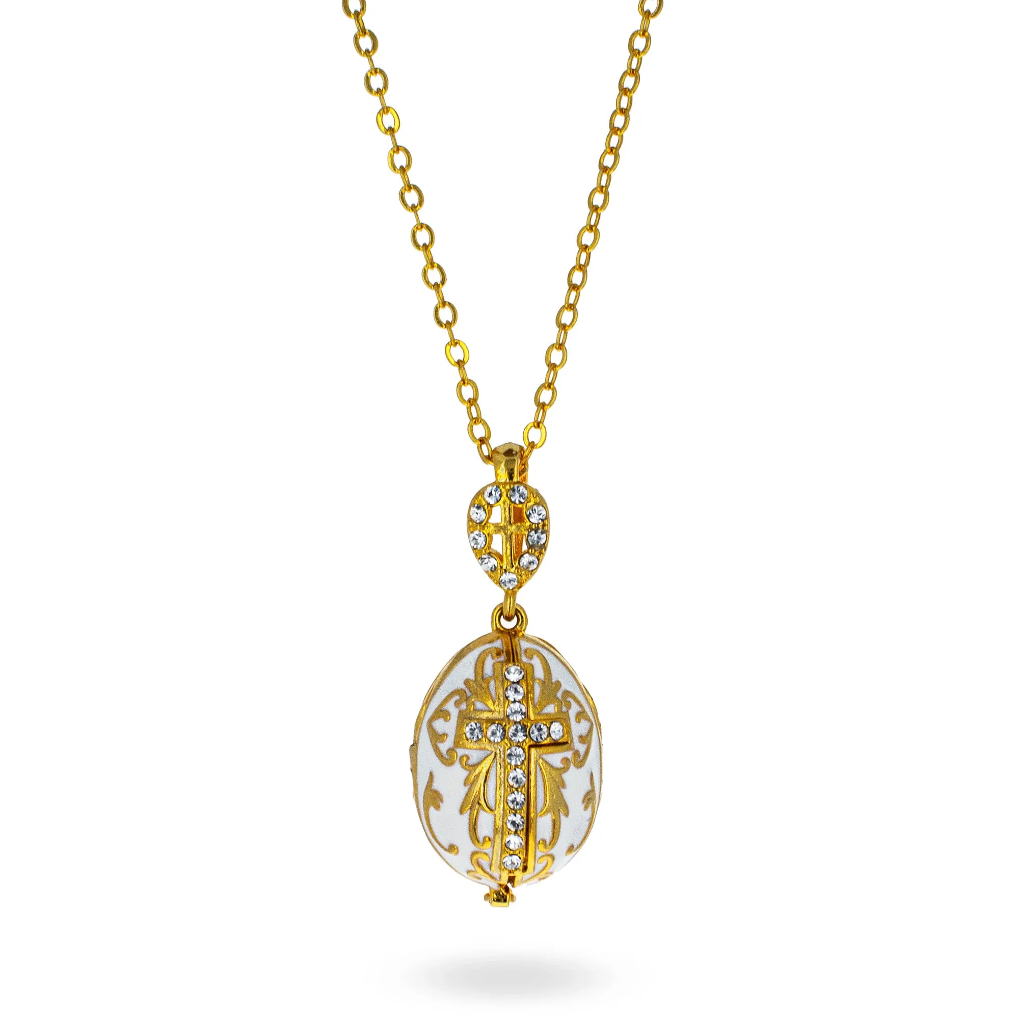 White Brass 50 Crystals Triptych Icons Royal Egg Pendant Necklace