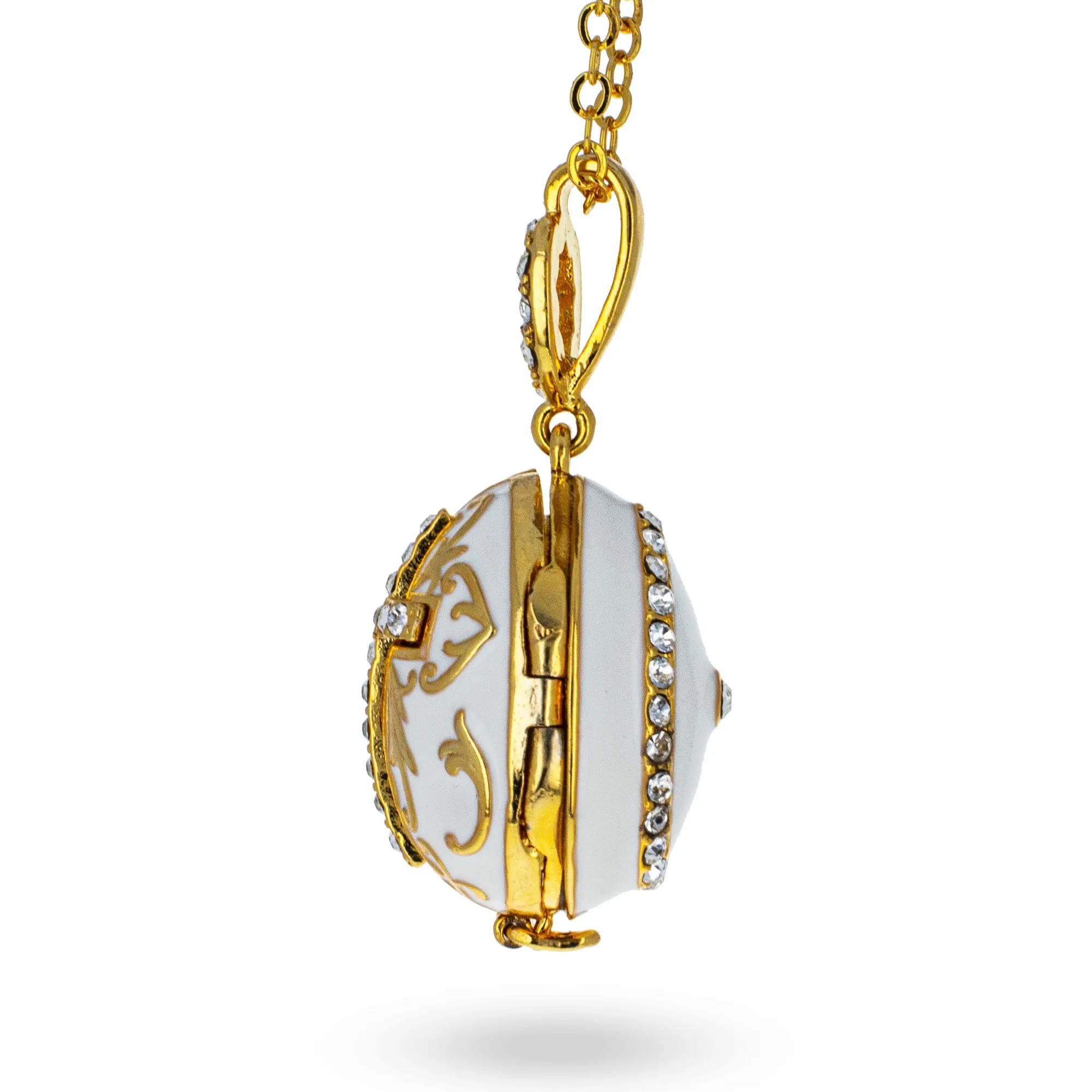 White Brass 50 Crystals Triptych Icons Royal Egg Pendant Necklace