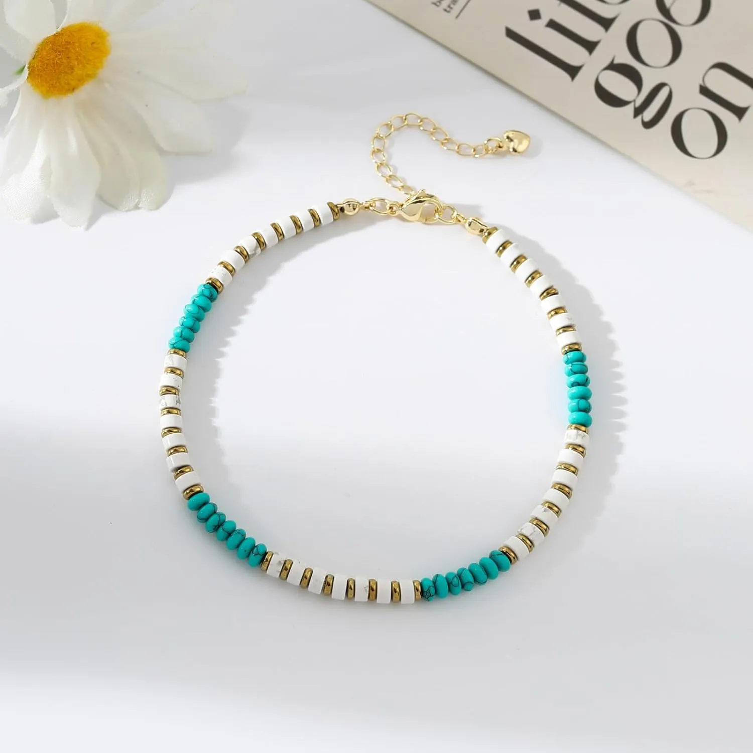 XIJIN Natural Stone Beaded Anklets for Women Handmade Beach Boho Turquoise Beads Ankle Bracelet Jewelry Gift for Her